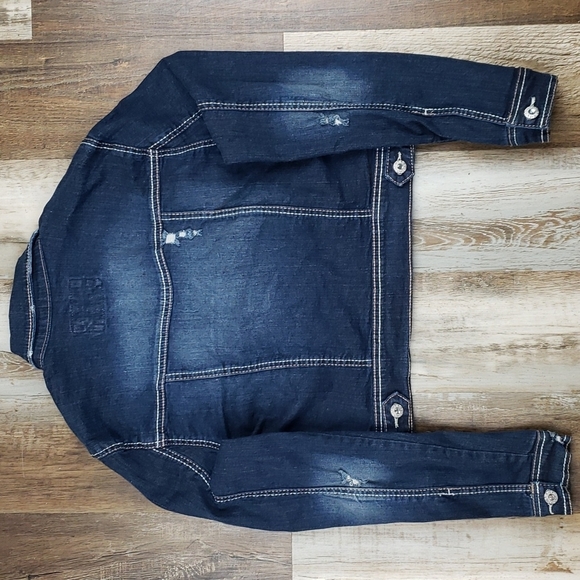 Amethyst Cropped Dark Wash Distressed Jean Jacket - Picture 4 of 5